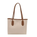 Large two-tone PU leather tote bag in cream and brown with contrast stitching - White Without Pendant