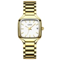 Elegante goldene Quarz-Damenuhr mit quadratischem Gehäuse und weißem Zifferblatt - Goldenes Gehäuse Weißes Zifferblatt Goldband