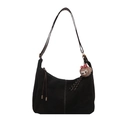 Matte black suede shoulder bag with white contrast stitching and cute bear charm - Black With Pendant