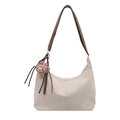 Beige hobo shoulder bag with a brown strap and a cute teddy bear plush charm - Cream White with Pendant