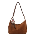 Caramel suede shoulder bag with bear charm and adjustable leather strap for women - Brown with Pendant