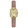 Vintage women's square gold quartz watch with champagne dial and brown leather strap - Gold Case Gold Dial Brown Strap