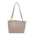 Große beige Tragetasche mit M-Monogramm-Druck und goldener Ketten-Schulterriemen - Weiß