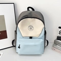 Three-tone grey, beige, and light blue student backpack with round mountain logo - Blue Without Charm