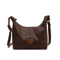 Vintage dark brown PU leather shoulder bag with antique bronze triangular metal plaque logo - No Pendant / Brown