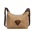 Retro khaki canvas shoulder bag with brown leather trim and metal logo plaque - No Pendant / Khaki