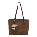 Sac fourre-tout classique en cuir marron foncé pour femme avec pendentif en peluche blanc - Café Avec Pendentif
