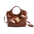 Vintage bruine leren tote tas met ronde handgrepen en gouden metalen logo plaatje - Bruin