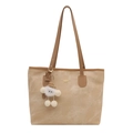 Grand sac cabas beige avec bandoulière en cuir marron et porte-clé peluche mignon - Khaki Avec Pendentif