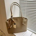 Minimalist large khaki tote bag with vintage printed silk scarf on shoulder strap - Khaki