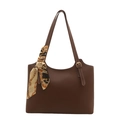 Bolso tote de cuero marrón oscuro con pañuelo de seda estampado y hebilla dorada en blanco - Marrón Oscuro