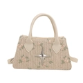 Beige geflochtene Handtasche mit rosa Blumenstickerei und silbernem Stern-Ornament - Weiß
