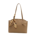 Khaki matte leather tote bag with stylish silk scarf and gold metal hardware accents - Khaki