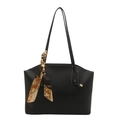 Minimalist black leather tote bag with a decorative floral silk scarf and long shoulder strap - Black