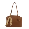 Brown leather tote bag with silk scarf decoration and gold hardware for women - Tan