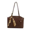 Large dark brown vintage tote bag with silk scarf accent on handle for women - Dark Brown
