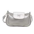 Silver square shoulder bag with metallic bow detail and adjustable strap on white background - Silver