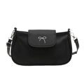 Chic black faux leather shoulder bag with silver bow accent and adjustable strap - Black