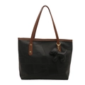 Large capacity black leather tote bag with brown straps and a dog charm pendant - Black
