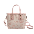 Cute cartoon graffiti tote bag in beige PU leather with pink handles and shoulder strap - Pink