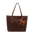 Brown tote bag with geometric leather patchwork, shoulder straps and cute dog charm - Coffee