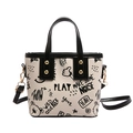 White graffiti tote bag with black handles and adjustable shoulder strap in casual style - Black