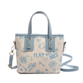 Minimalist large tote bag with light blue graffiti print and adjustable shoulder strap - Blue