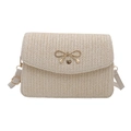 Minimalist woven crossbody bag for women with a golden bow metal accessory on cream flap - White