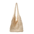 Cream knit crochet tote bag with elegant pearl embellishments and diamond weave pattern - Off White