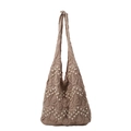 Minimalist brown knit tote bag with decorative white pearls on a white background - Khaki