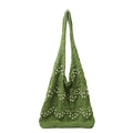 Forest style grass green knit tote bag with hollow crochet weave and white pearl waves - Green