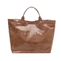 Borsa tote marrone lucida con stampa TOTE BAG e design minimalista a trapezio - Marrone