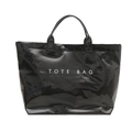 Large black glossy tote bag with white TOTE BAG text print in a minimalist design - Black