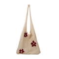 Sac fourre-tout rétro en tricot crème avec motifs floraux rouges pour plage et été - Blanc