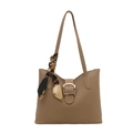 Grand sac cabas femme en cuir kaki avec boucle dorée et accessoire foulard en soie - Kaki