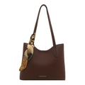 Sac fourre-tout en cuir marron avec coutures blanches et accessoire foulard en soie - Brun Foncé
