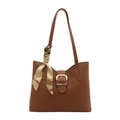 Sac fourre-tout en cuir marron avec boucle dorée et foulard en soie pour femmes actives - Fauve