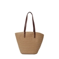 Hellbraune gewebte Stroh-Tote-Bag mit dunkelbraunen Ledergriffen und goldenen Nieten - Khaki (Ohne Anhänger)