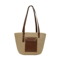 Sommer Stroh-Tote-Bag in Naturbeige mit dunkelbrauner Kunstledertasche und Goldnieten - Khaki Ohne Seidenschal