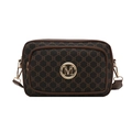 Retro brown monogram crossbody camera bag with dual zippers and gold M logo buckle - Coffee