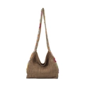 Böhmische Häkeltasche mit bunten Blumenstickereien und gewebtem braunem Schultergurt - Khaki Gehäkelte Tasche mit Blumen / Khaki