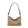 Bolso tote de paja tejida para mujer con correas de cuero y detalle de logo de moda - Caqui