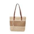 Bolso tote de paja bicolor con asas de cuero y borla de cuentas para playa - Blanco Crema con Colgante