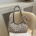 French vintage check tote bag with black bow prints and pleated cloud shoulder strap - Khaki