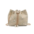 Bolso tipo saco de paja tejida beige con bordado floral, perlas y cadena dorada - Caqui