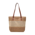 Bolso tote de paja trenzada tricolor con correas de cuero sintético marrón para mujer - Caqui (Sin Colgante)