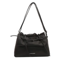 Minimalist black matte leather shoulder bag with decorative bow and fashion text - Black