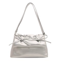 Silver metallic PU tote bag with elegant bow details and Fashion & Bags text - Silver