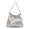 Schicke silberne Eimertasche mit Schleifen und modischem Ketten-Schulterriemen - Silber