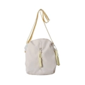 Cream nylon crossbody bag with yellow woven strap and front vertical zipper pocket - White